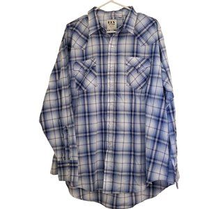 Vintage Ely Cattleman Pearl Snap Blue White Plaid Shirt XXL Western Cowboy Rodeo